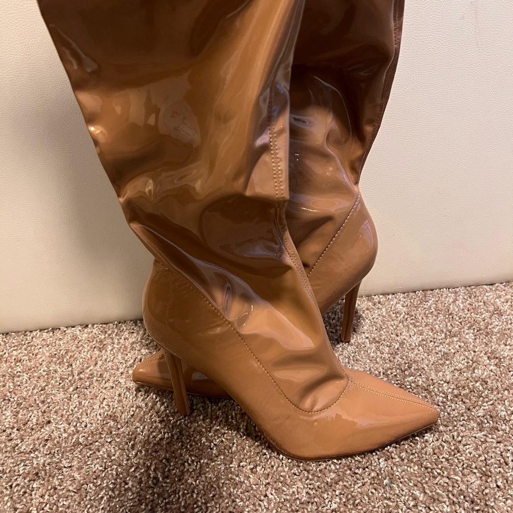 Liliana Tan Patent Leather Over-the-Knee Boots
